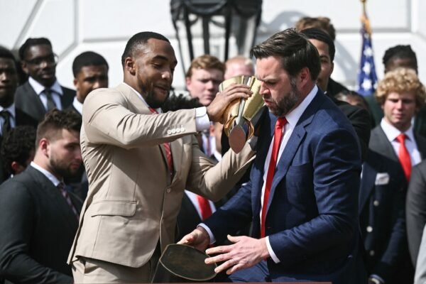 Photo: Vice President JD Vance has the trophy that had collapsed when President Donald Trump welcomes the National 2025 National Soccer Champions, the Soccer team of the Ohio State University to the White House, on April 14, 2025, in Washington.