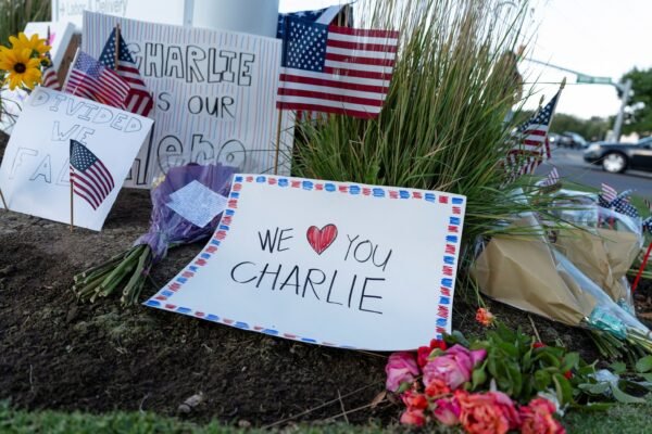 Photo: A sheet of paper that commemorates Charlie Kirk is placed in an improvised memorial for Charlie Kirk, who was a fatal shot during an event at the University of Utah Valley, outside the Typanogos Regional Hospital, in OREM, Utah, September 11, 2025.