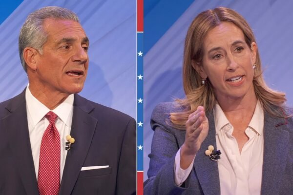 PHOTO: New Jersey gubernatorial candidates Jack Ciatterelli and Mikie Sherrill participate in a debate, October 8, 2025.