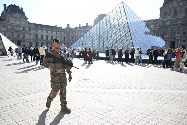 PHOTO: A soldier patrols in the courtyard of the Louvre museum, Thursday, October 30, 2025 in Paris.